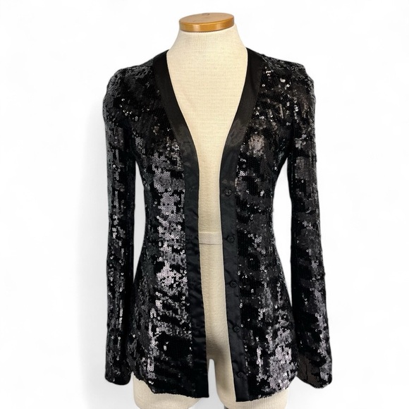 Rachel Zoe Bailey Sequined Zebra Pattern Cardigan Jacket Women Petite in Black - Picture 2 of 11